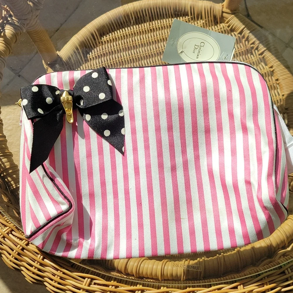 Christian Dior rare vintage pink and peach striped cosmetic bags, 2 piece